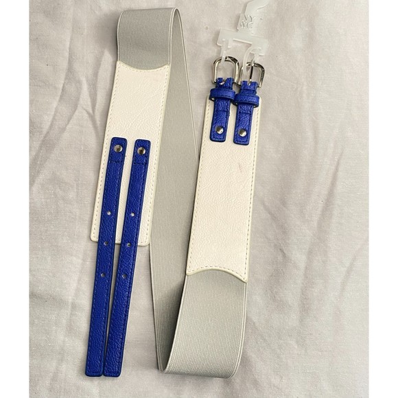 New York & Company Elastic Cinch Belt White & Blue Double Buckle Size M/L - Picture 1 of 6